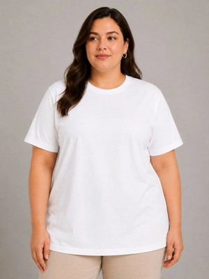 Pileli Store Kadın Battal Big Size Basic Tişört Bisiklet Yaka Rahat Kalıp T-Shirt - Beyaz