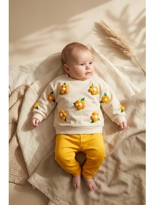 Hoppa Daisy Bloom Çiçek Desenli Krem Sweatshirt ve Hardal Eşofman Altı Pamuklu Iki Parça Bebek Takımı