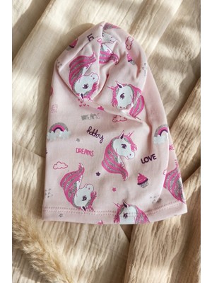 Hoppa Kız Çocuk Pembe Unicorn Desenli Pamuklu Esnek Penye Bere - Gümüş Sim Detaylı Mevsimlik Çocuk Şapkas