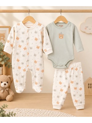 Hoogie "Teddy Bear 3'lü Tema Set" Tulum - Alt - Üst Teddy Desenli  - Ekru & Mint