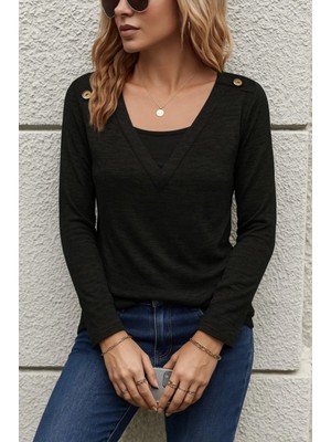 Pileli Store Kadın Uzun Kollu V Yaka Düğme Detaylı Yumoş Bluz