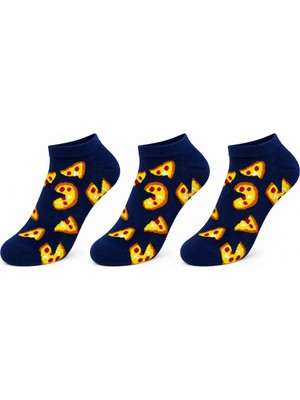 TeOra Store Pizza Desenli 3'lü Lacivert Patik Çorap Unisex Kısa Sneaker Günlük Çorap Seti Avantajlı Paket Rahat!