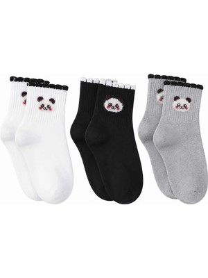 TeOra Store Kadın Panda Desenli Kısa Konç Çorap 3’lü, Paket, %80 Pamuklu Dikişsiz Burun, Nefes Alan Yumuşak Bilek Çorabı, Siyah Beyaz Gri