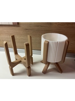 Popüler Sepet 3D Baskı Ayaklı Çizgili Saksı - Bej Standlı Dekoratif Saksı - Beyaz
