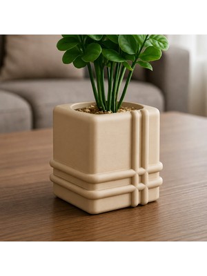 Popüler Sepet 3D Baskı Square Planter - Izgara Desenli Küp Saksı-Bej