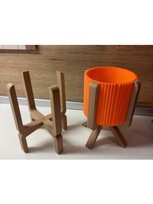 Popüler Sepet 3D Baskı Ayaklı Çizgili Saksı - Bej Standlı Dekoratif Saksı - Turuncu