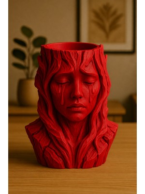 Popüler Sepet 3D Baskı Ağlayan Kadın Büst Saksı - Sanatsal Dekoratif Saksı - Kırmızı