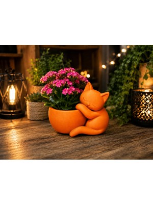 Popüler Sepet 3D Baskı Sarılan Kedi Saksı - Sevimli Dekoratif Saksı - Turuncu