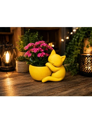 Popüler Sepet 3D Baskı Sarılan Kedi Saksı - Sevimli Dekoratif Saksı - Sarı