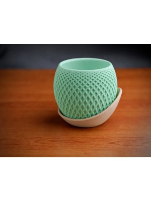 Popüler Sepet 3D Baskı Küre Saksı - Kafes Dokulu Iki Parçalı Dekoratif Saksı - Mint-Bej