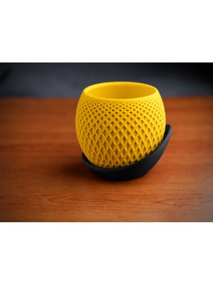 Popüler Sepet 3D Baskı Küre Saksı - Kafes Dokulu Iki Parçalı Dekoratif Saksı - Sarı-Siyah