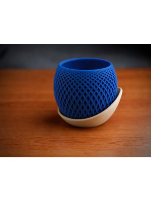 Popüler Sepet 3D Baskı Küre Saksı - Kafes Dokulu Iki Parçalı Dekoratif Saksı - Mavi-Bej