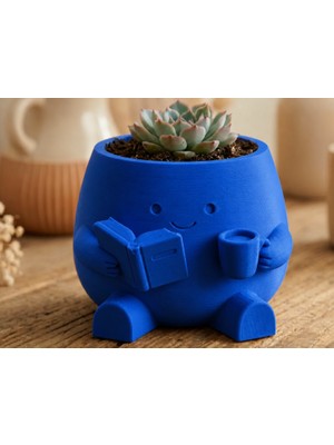 Popüler Sepet 3D Baskı Kitap Okuyan Saksı - Kupa Tutan Sevimli Saksı-Mavi