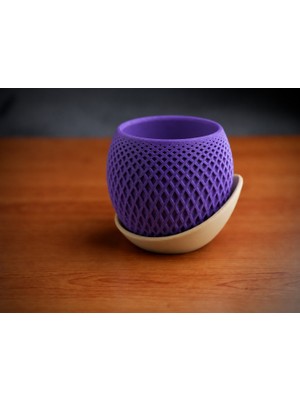 Popüler Sepet 3D Baskı Küre Saksı - Kafes Dokulu Iki Parçalı Dekoratif Saksı - Mor-Bej