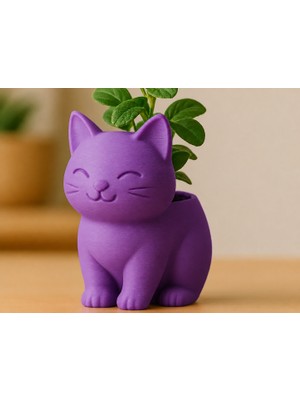 Popüler Sepet 3D Baskı Sevimli Kedi Saksı - Figürlü Sukulent Saksısı-Mor