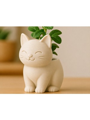 Popüler Sepet 3D Baskı Sevimli Kedi Saksı - Figürlü Sukulent Saksısı-Bej
