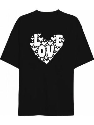 Pileli Store 14 Şubat Sevgililer Günü Love Kalp Baskılı Oversize Bisiklet Yaka T-Shirt - Siyah