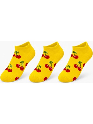 TeOra Store Kadın Kiraz Desenli 3'lü Patik Çorap Sarı Pamuklu Dikişsiz Sneaker Uyumlu Eğlenceli Günlük Set