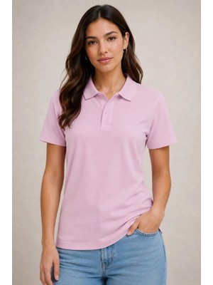 Pileli Store Kadın Polo Yaka Pike Kumaş Düğmeli Basic Tişört Günlük Rahat - Pembe