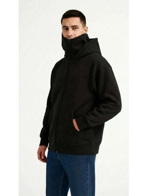 Pileli Store Samuray Ninja Çift Kapüşonlu Zıp Fermuarlı Kanguru Cepli Tam Fermuarlı Hoodie Sweatshirt - Siyah