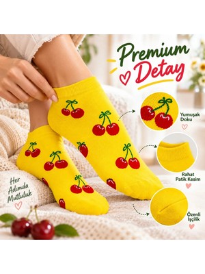 TeOra Store Kadın Kiraz 6'lı  Desenli Patik Çorap Sarı Pamuklu Dikişsiz Sneaker Uyumlu Eğlenceli Günlük Set