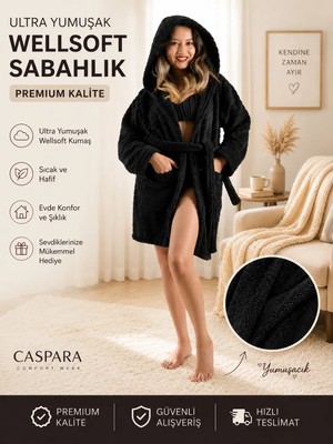 Caspara Wellsoft Premium Kapüşonlu Şapkalı Kadın Bornoz / Sabahlık - Ultra Soft , Sıcak ve Yumuşak