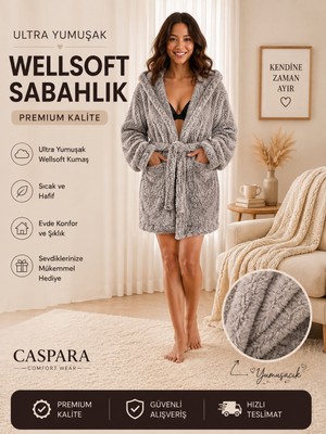 Caspara Wellsoft Premium Kapüşonlu Şapkalı Kadın Bornoz / Sabahlık - Ultra Soft , Sıcak ve Yumuşak