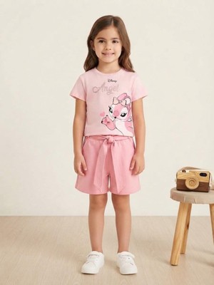 Moda Rüyası Kız Çocuk Pembe Disney Angel Baskılı T-Shirt ve Bağlamalı Şort Takımı