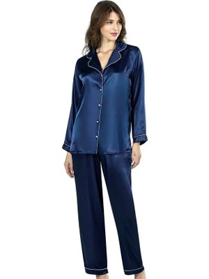 SS Home Concept Şık Tasarım Yumuşak Dokulu Biyeli Önden Düğmeli Lacivert Ikili Saten Gecelik Pijama Takımı