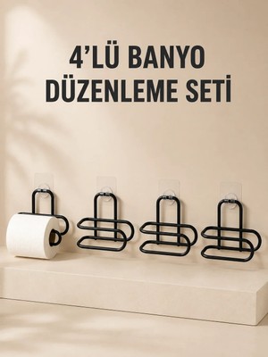 SS Home Concept 4 Adet Yapışkanlı Tuvalet Kağıdı Askısı Siyah Metal Delmeden Duvara Monte Wc Kağıtlık