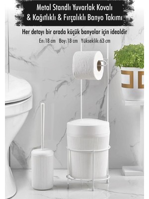 SS Home Concept Metal Standlı Yuvarlak Kovalı & Kağıtlıklı & Fırçalıklı Beyaz Banyo Takımı