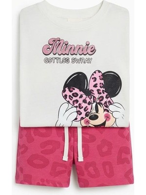 Moda Rüyası Kız Çocuk Minnie Mouse Baskılı Pembe Leopar Desenli Şortlu Alt Üst Takım