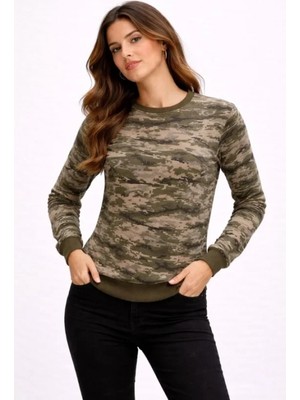 Pileli Store Kamuflaj Desenli 2 Iplik 4 Mevsim Uzun Kollu Bisiklet Yaka Sweatshirt - Kamuflaj