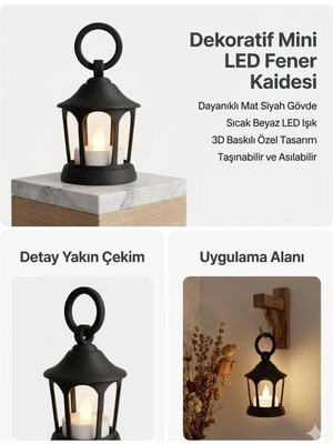 Aksefuar Lazer Dekoratif Fener Mini Kaide – LED Mumlu Modern Masaüstü Aydınlatma - Otantik Ortam Aydınlatması - Siyah
