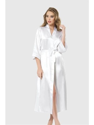 Cotton Soft Şık Tasarım Yumuşak Dokulu Beyaz Uzun Saten Sabahlık