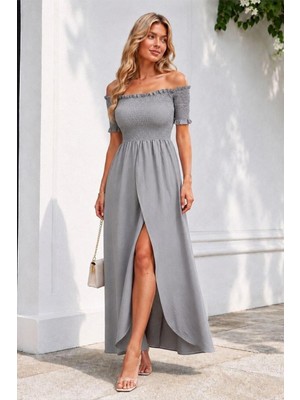 Defy Moda Kadın Özgün Tasarım Sıfır Yaka Yırtmaçlı Maxi Uzun Kollu Elbise