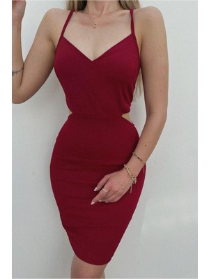 Defy Moda Kadın Minimal Tasarım Krep Kumaş V Yaka Kemerli Mini Askılı Elbise