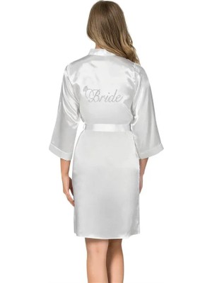 Cotton Soft Şık Tasarım Yumuşak Dokulu Beyaz Kısa Saten Bride Sabahlık
