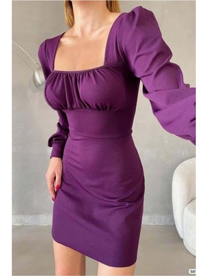 Defy Moda Kadın Minimal Krep Kumaş Kare Yaka Uzun Kollu Elbise
