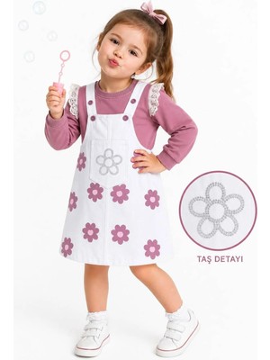 Nota Kids Kız Çocuk Çiçek Desenli Jile Elbise Takım – Dantel Kollu Pudra Sweatshirt ve Askılı Elbise