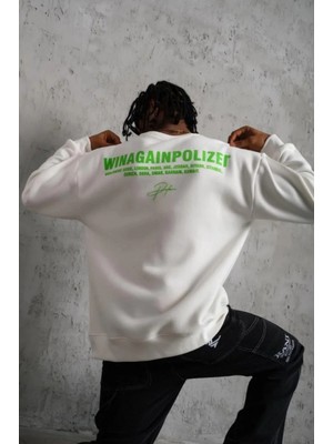 Pileli Store Erkek Oversize Sweatshirt – Beyaz Renk  Ön ve Sırt Baskılı, Üç Iplik Içi Pamuklu Kumaş, Rahat Kalıp, Ribanalı Kışlık Sweat  Winagain Polizei Serisi - Beyaz