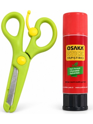 Osaka Çocuk Makası Yeşil – Korumalı Küt Uçlu Yaylı Çelik Bıçaklı Makas ve 9 gr Stick Yapıştırıcı Seti