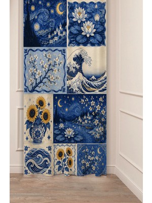 Greendecor Van Gogh "yıldızlı Gece" "ayçiçeği" Hokusa "büyük Dalga" Monet "nilüferler" Sanatsal Kolaj Art Collage Desenli Dijital Baskılı Fon Perde