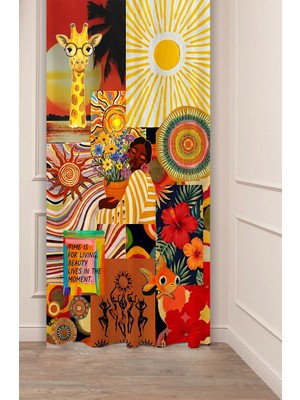 Greendecor Sunshine Vibes - Yaşam Sevinci (Living Beauty) Boho-Etnik Tropical Sunset Collage Desenli Özel Tasarım Dijital Baskılı Fon Perde