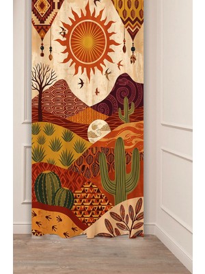 Greendecor Boho Çöl Rüyası (Desert Dream) Rustik Vintage Aztek ve Kaktüs Desenli Chiccollage Özel Tasarımlı Dijital Baskılı Fon Perde