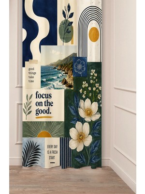Greendecor Bohemian Sun & Coastal Vibes Collage Güneş, Deniz Illüstrasyon Kolajı Desenli Dijital Baskılı Fon Perde