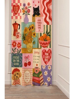 Greendecor Cozy Günlükler Van Gogh Ayçiçekleri ve Sevimli Patiler Kolajı Good Things Take Time Vibes Collage Dijital Baskılı Fon Perde