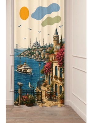 Greendecor Istanbul Temalı Retro Illüstrasyon Fon Perde - Boğaz Köprüsü, Ayasofya & Galata Kulesi Motifli Estetik Dijital Baskılı Perde