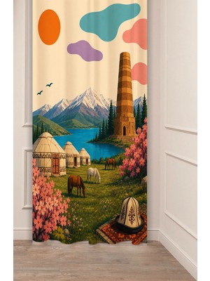 Greendecor Yurtların ve Dağların Ülkesi Göçebe Yayla Atlar Desenli Renkli Dijital Baskılı Fon Perde