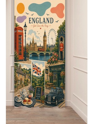 Greendecor London Vintage Ingiltere Ingiliz Sokakları Big Ben & Londra Temalı Estetik Fon Perde - Retro Illüstrasyonlu Özel Tasarım Dijital Baskılı Fon Perde